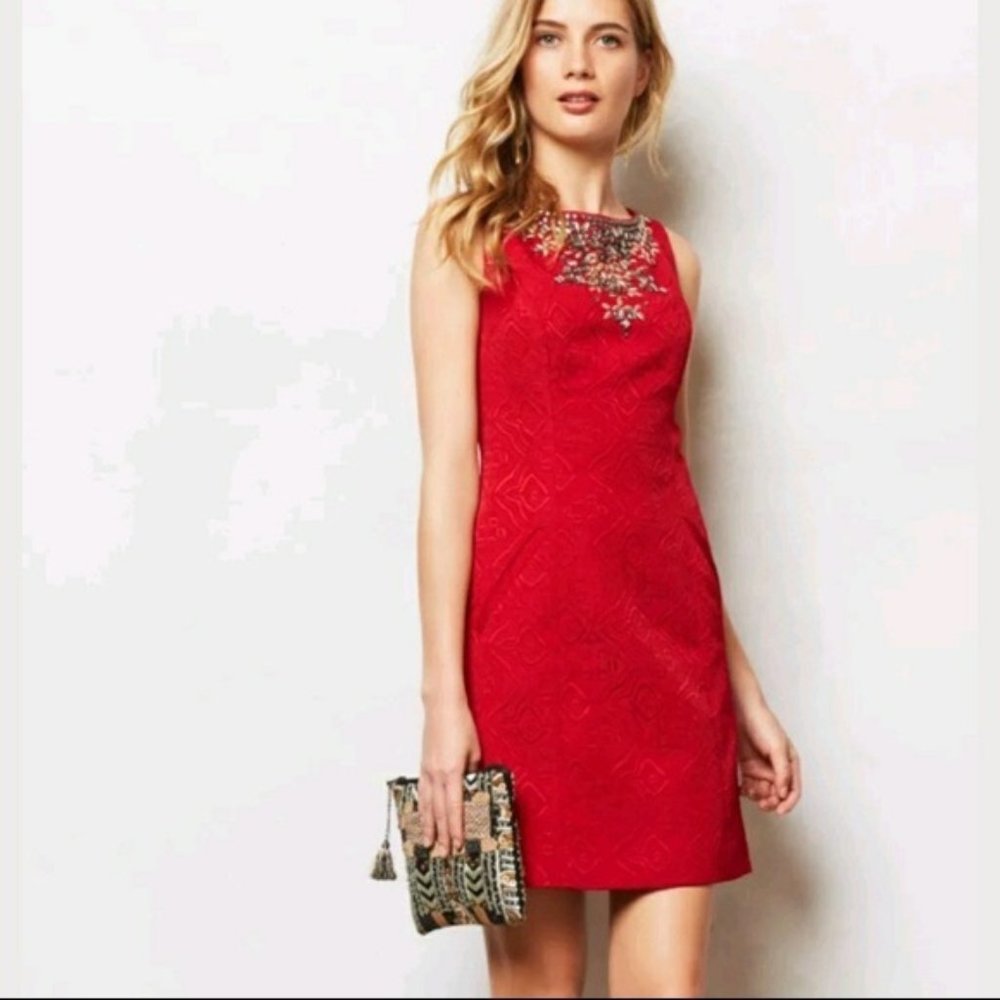 Anthropologie Moulinette Soeurs Red Jacquard Toulouse Embellished Dress, Size 2